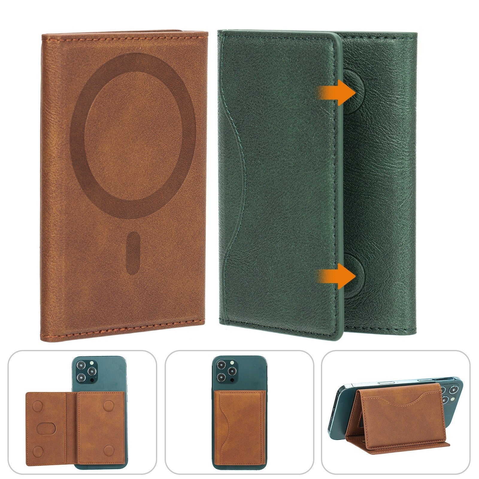 Two phone cases, one brown and one green, with a magnifying glass design on a white background.