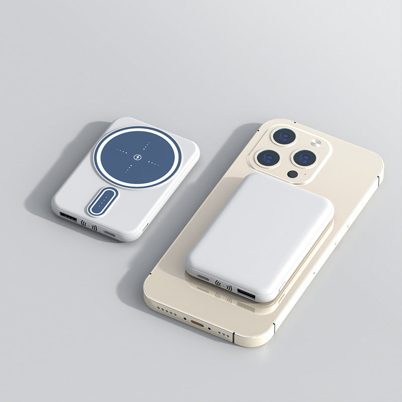 Two phone cases, one white with blue circular design and the other beige with a white square design, on a light gray background.