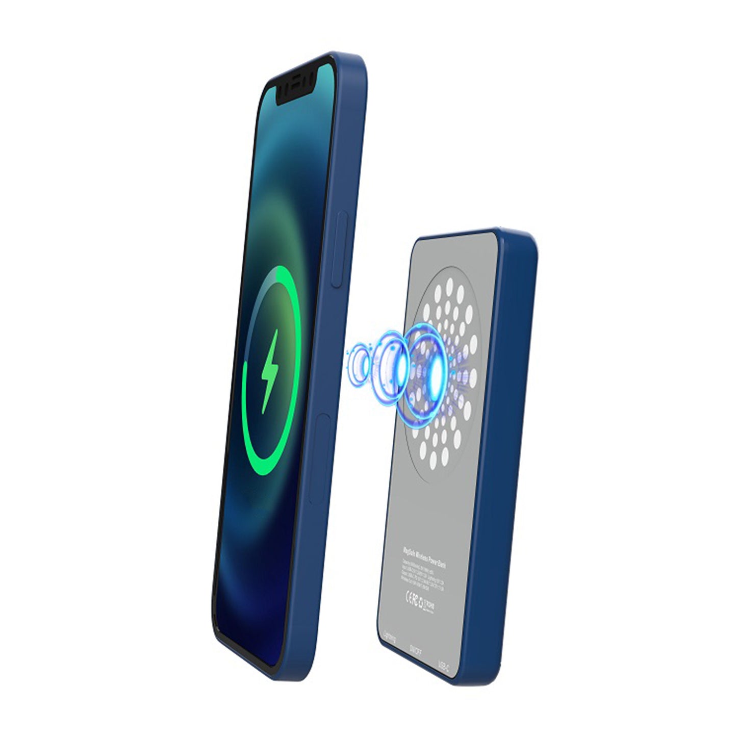 Two smartphone cases, one with a green charging icon and the other with a blue circular design, on a white background.