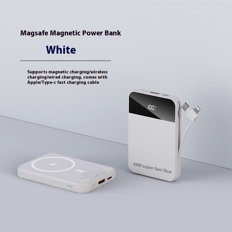 White Magsafe Magnetic Power Bank on a light gray background with text detailing features.