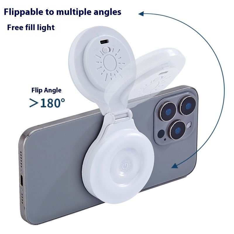 White phone ring light on a smartphone with text indicating flippable angles and free fill light.