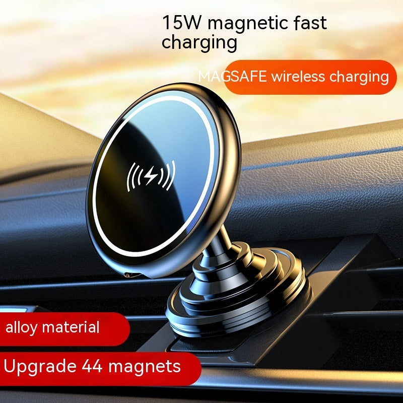 Wireless charging device in a car dashboard with text highlighting features.