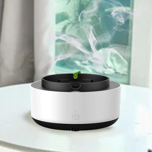 White smart ashtray with built-in air purifier - stylish and functional for smoke - free spaces.