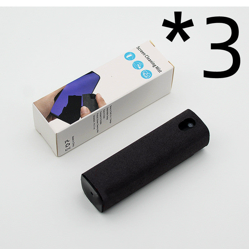 Black screen cleaning mist device with packaging on a white background
