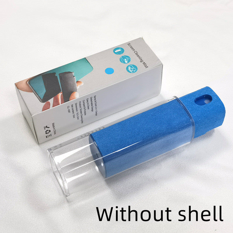 Blue screen cleaning mist device without shell on a white background with packaging in the background.