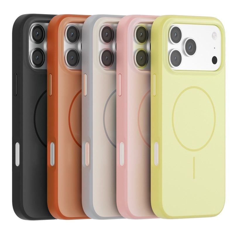 Five phone cases in black, orange, gray, pink, and yellow on a white background