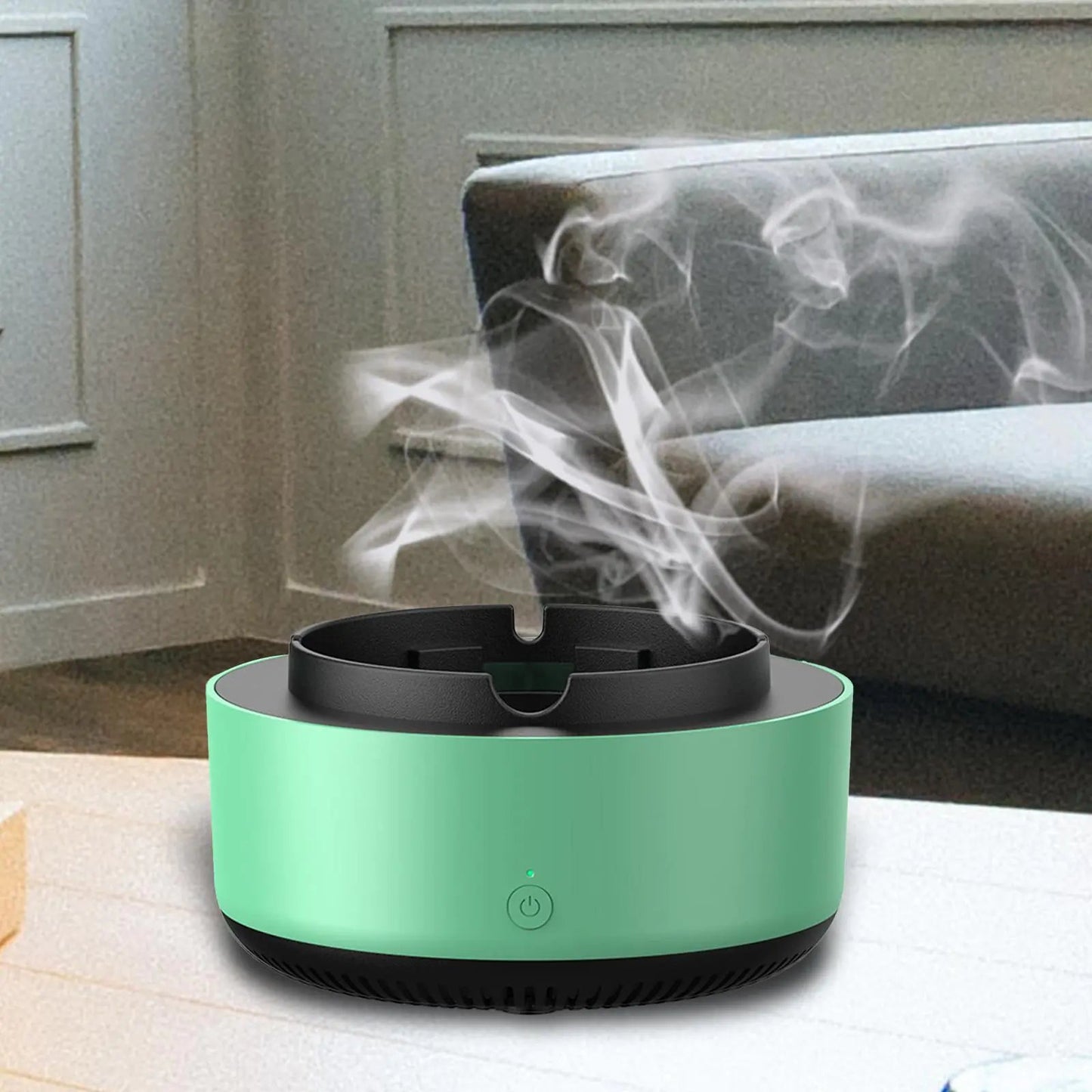 Green smart ashtray with air purifier - eliminates odors and cleans air automatically.