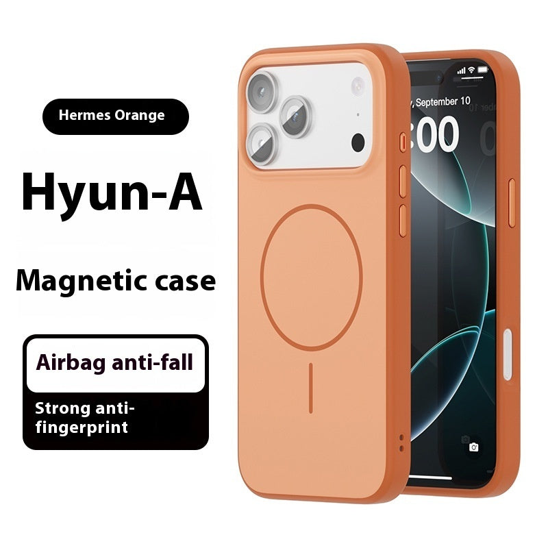 Orange phone case with magnetic feature and airbag anti-fall technology on a white background