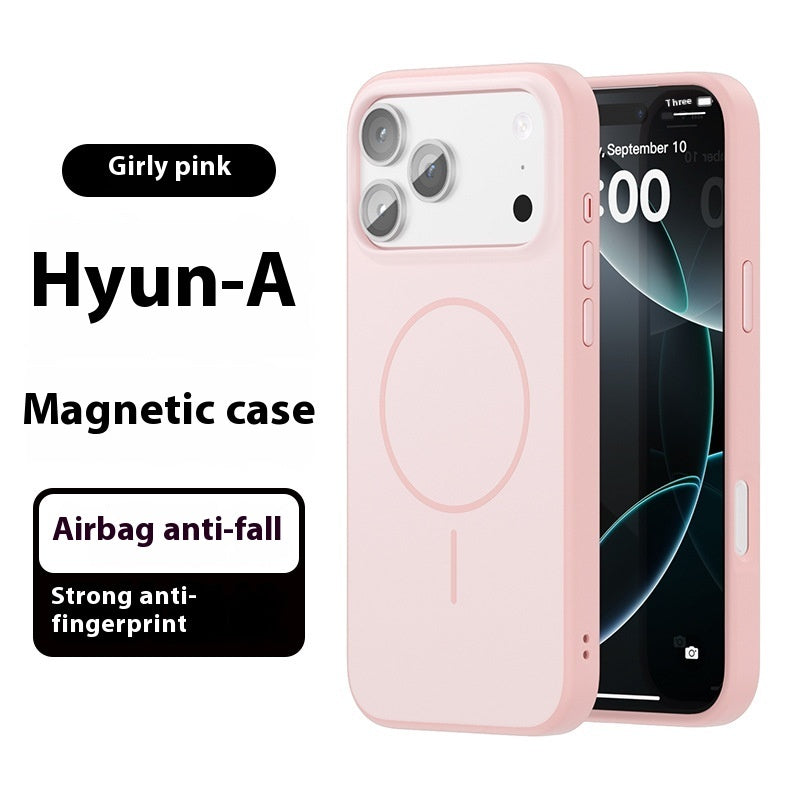 Pink magnetic case for a phone with features highlighted on a white background