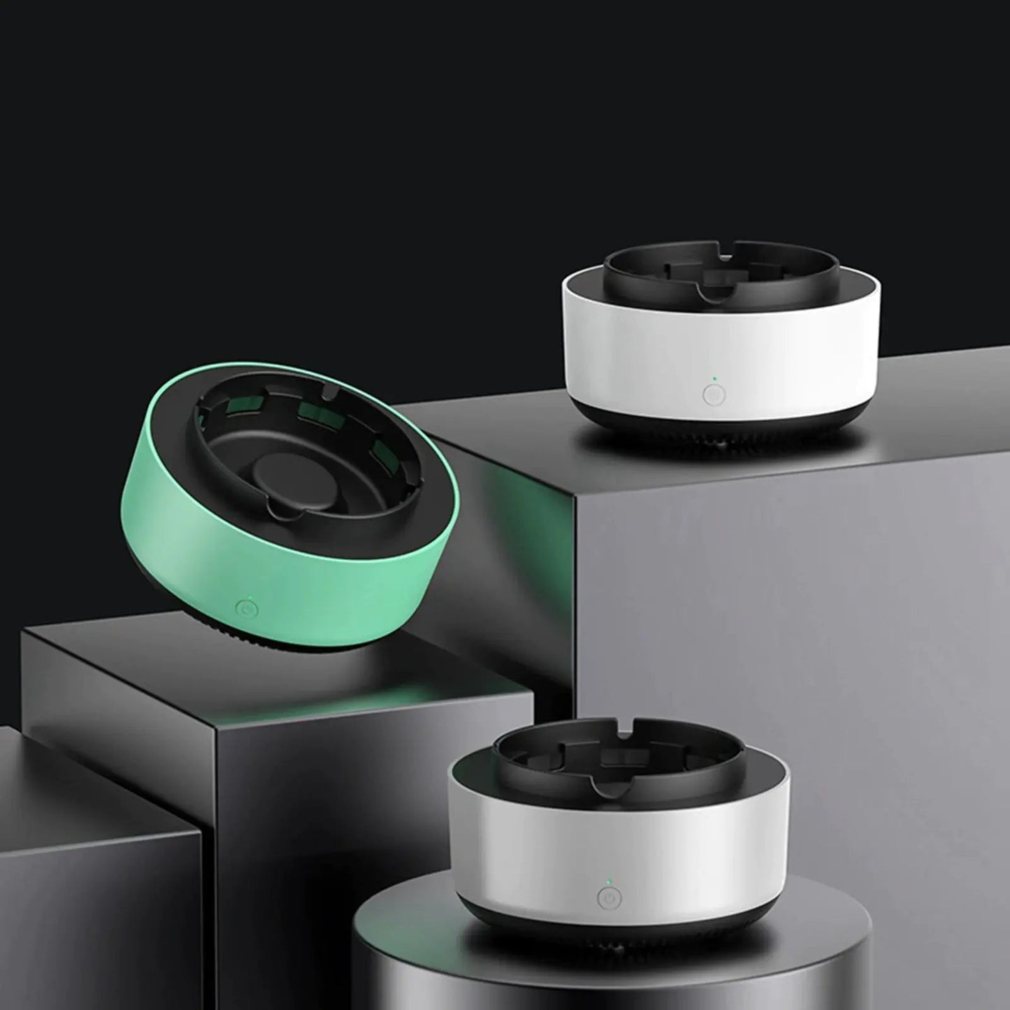 Smart ashtray with air purifier (green/white/silver) - automatically cleans air and reduces smoke odors.