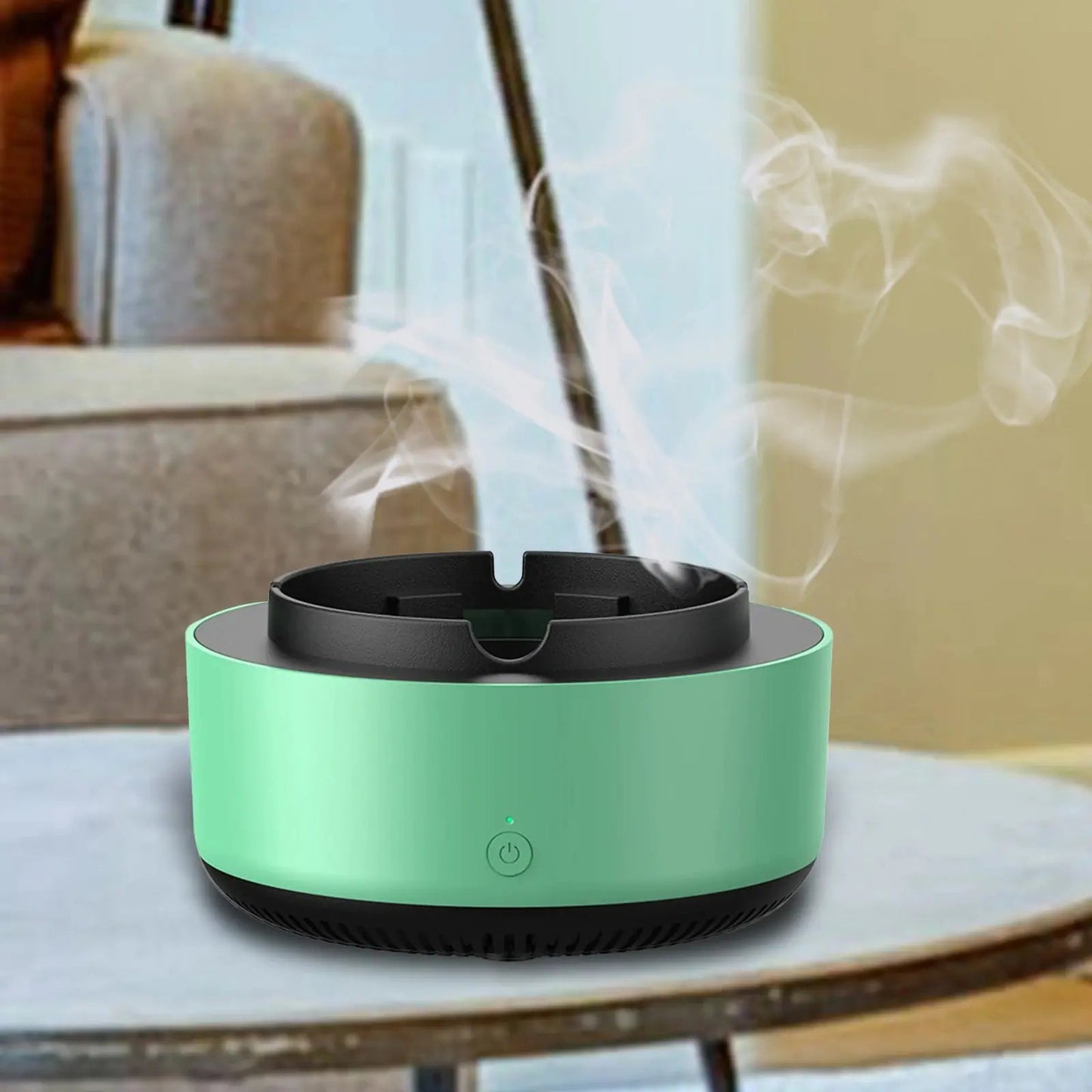 Green smart ashtray with air purifier - eliminates odors and cleans air automatically.