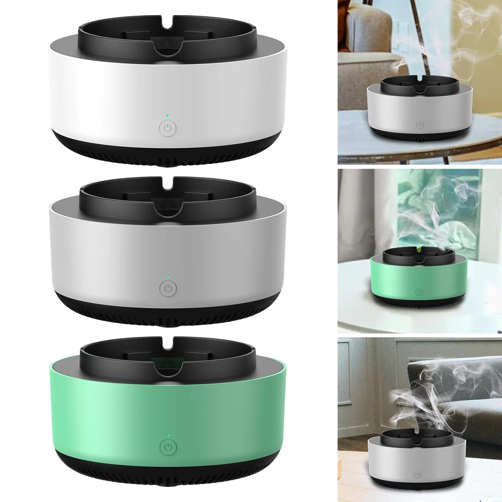 Smart ashtray with air purifier (green/white/silver) - automatically cleans air and reduces smoke odors.
