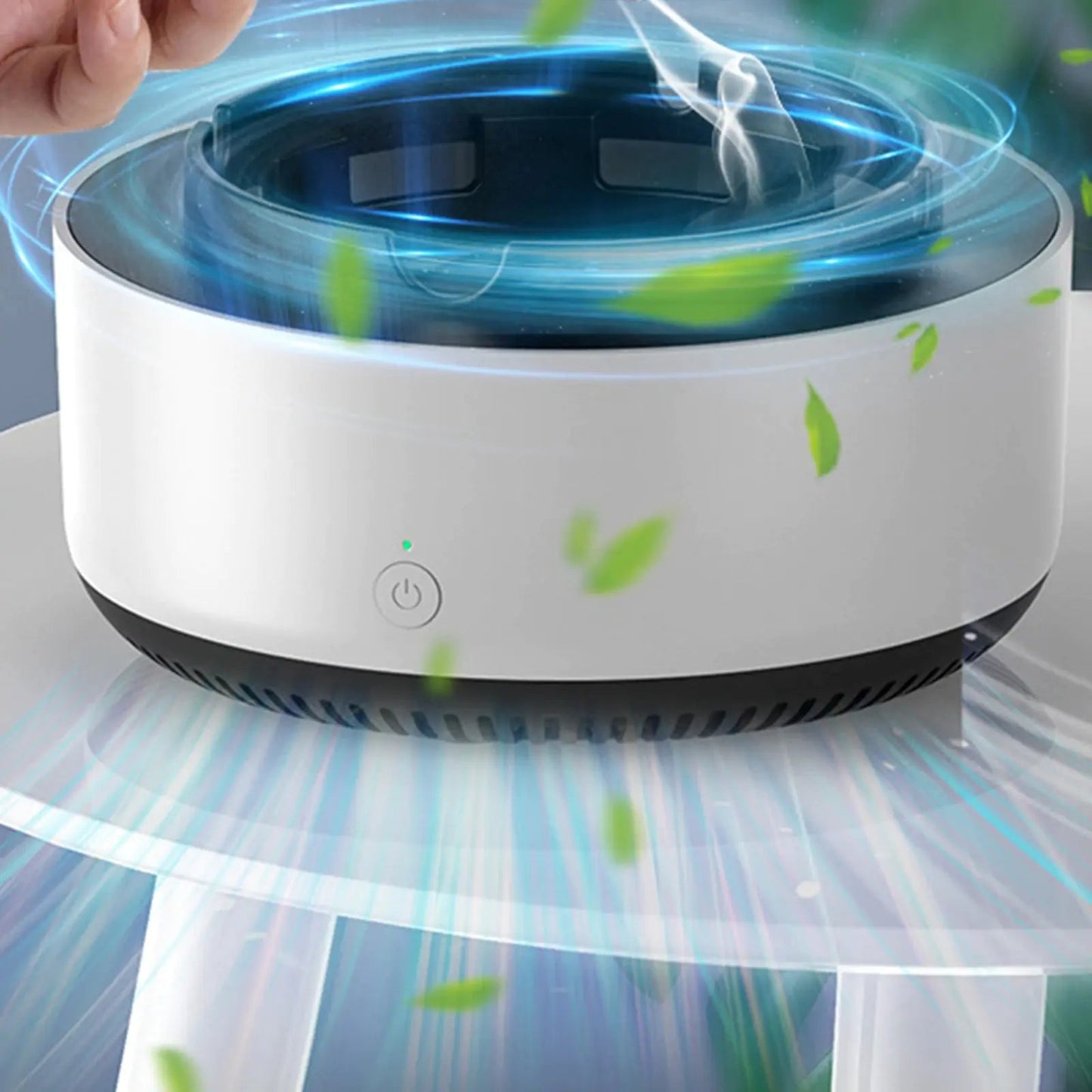 White smart ashtray with built-in air purifier - stylish and functional for smoke - free spaces.