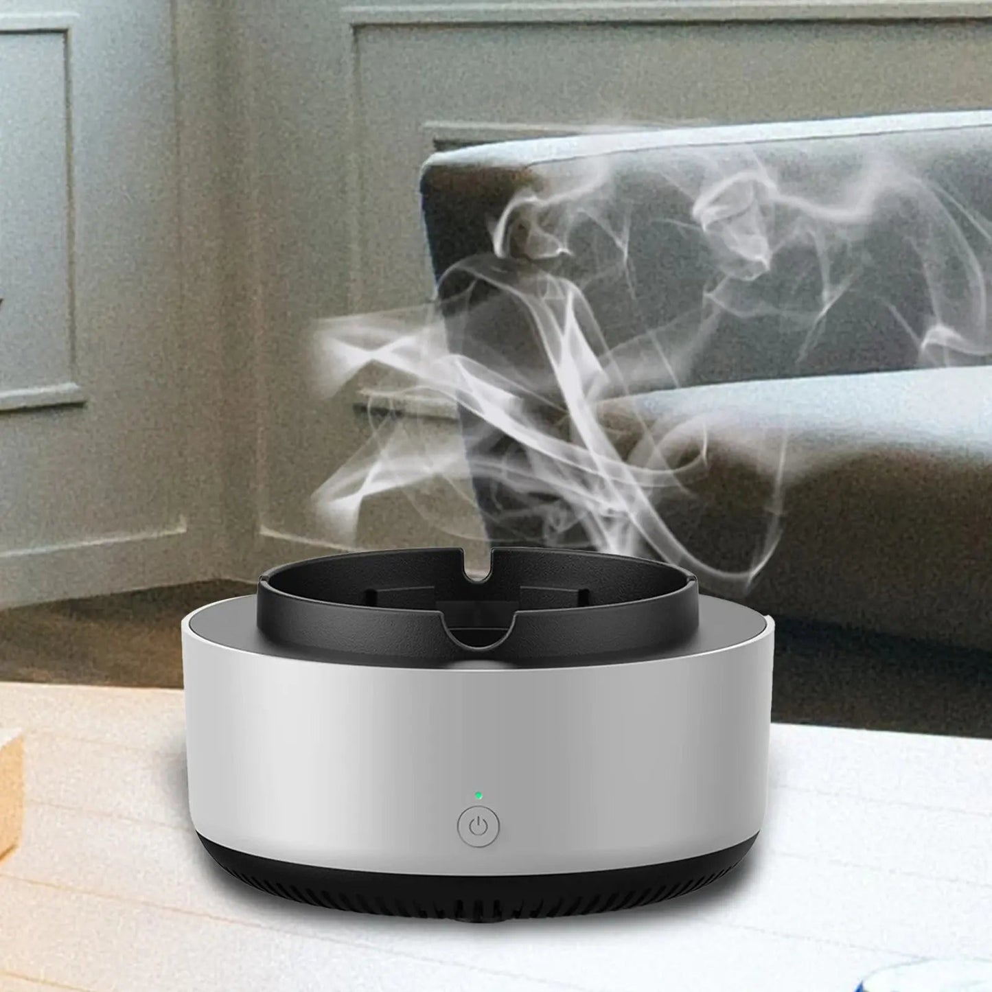 White smart ashtray with built-in air purifier - stylish and functional for smoke - free spaces.