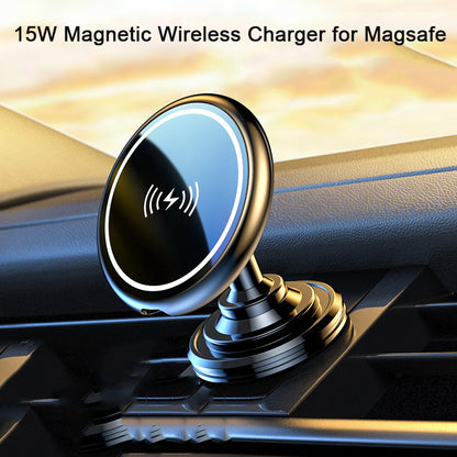 15W Magnetic Wireless Charger for Magsafe on a car dashboard with sunset background