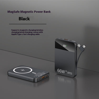 Black MagSafe magnetic power bank with charging cable on a dark background