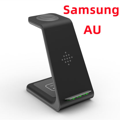 Black Samsung AU wireless charging stand on a white background
