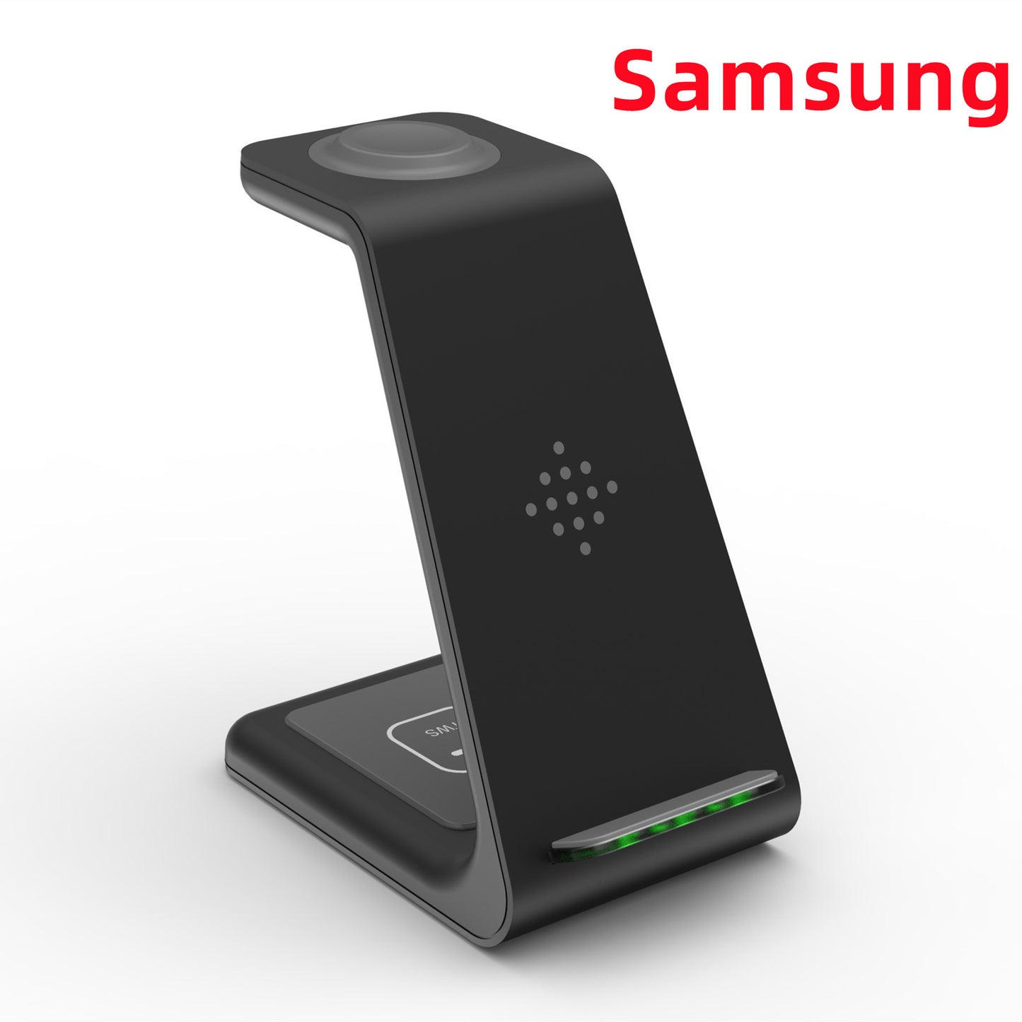 Black Samsung wireless charging stand on a white background