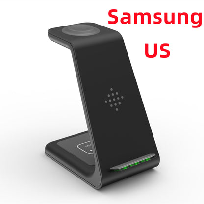 Black Samsung wireless charging stand on a white background with 'Samsung US' text.