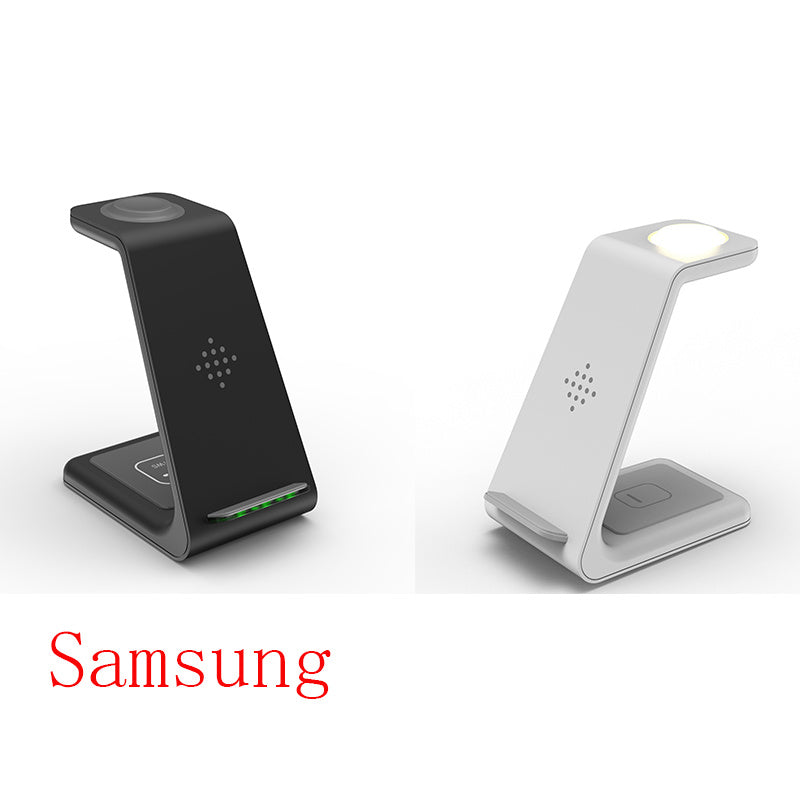 Two Samsung phone stands, one black and one white, on a white background.