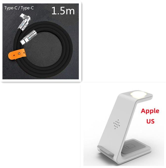 Black cable with Type-C connector and orange clip, next to a white charging stand with 'Apple US' branding.