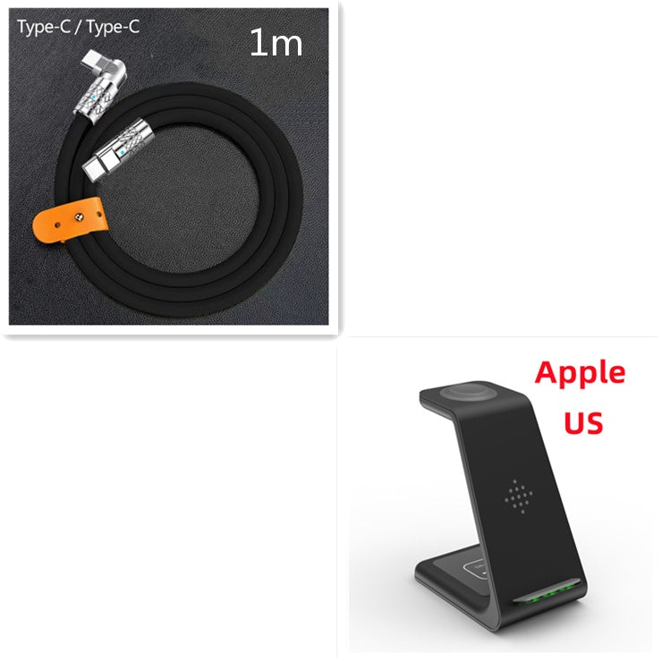 Black cable with Type-C connectors and a black charging stand with 'Apple US' branding on a white background.