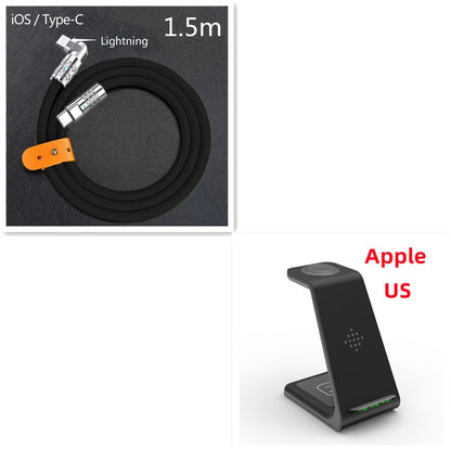 Black cable with connectors and a black phone stand with 'Apple US' label on a white background