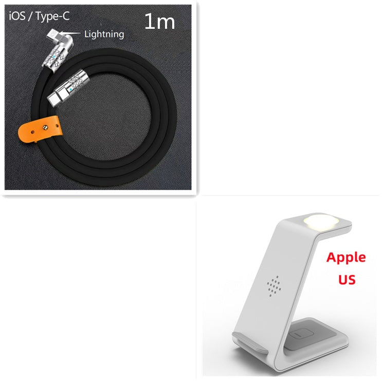 Black cable with iOS/Type-C and Lightning connectors, and a white phone stand with Apple logo.
