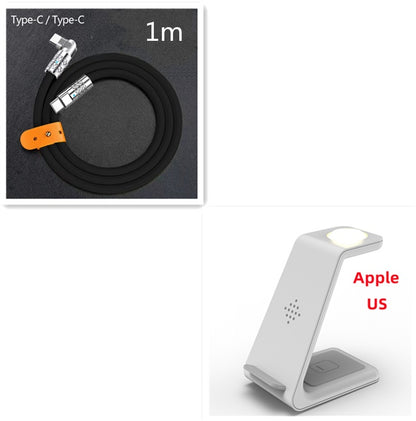 Black cable with orange connector and white stand with Apple logo on a white background