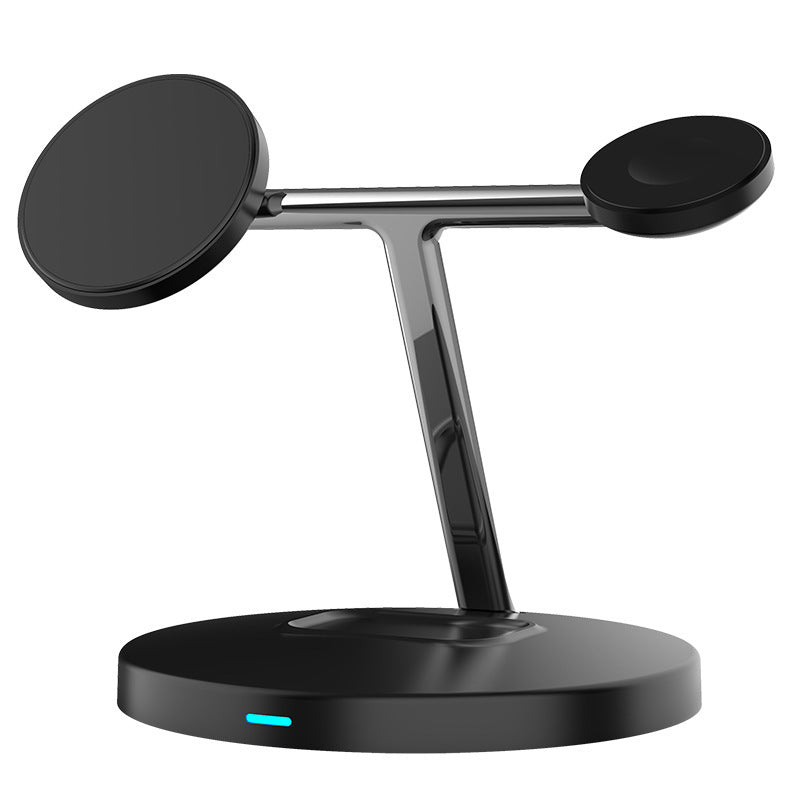 Black electronic device stand with two circular pads on a white background