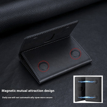 Black leather wallet with magnetic design on a dark textured background
