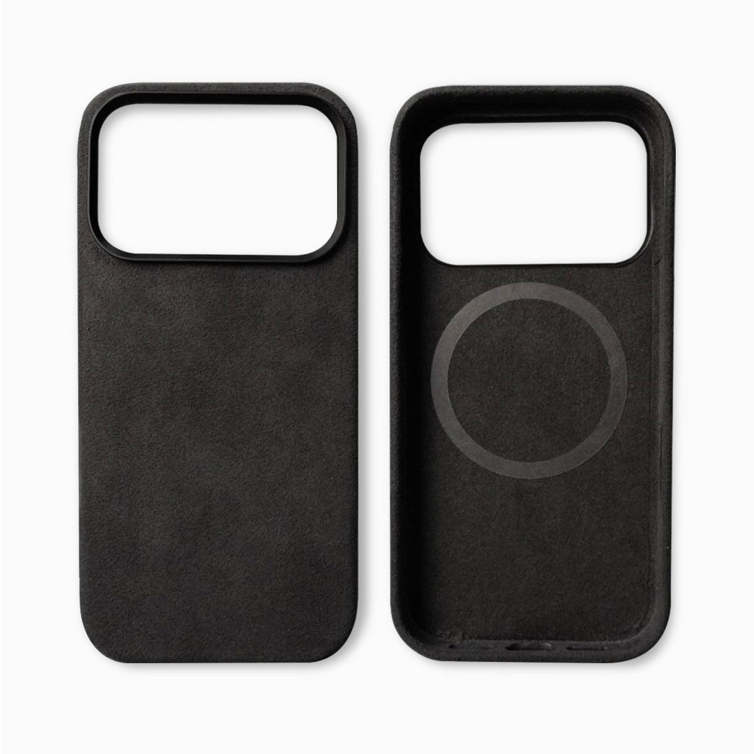 Black phone case with a magnetic feature on a white background