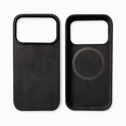 Black phone case with a magnetic feature on a white background