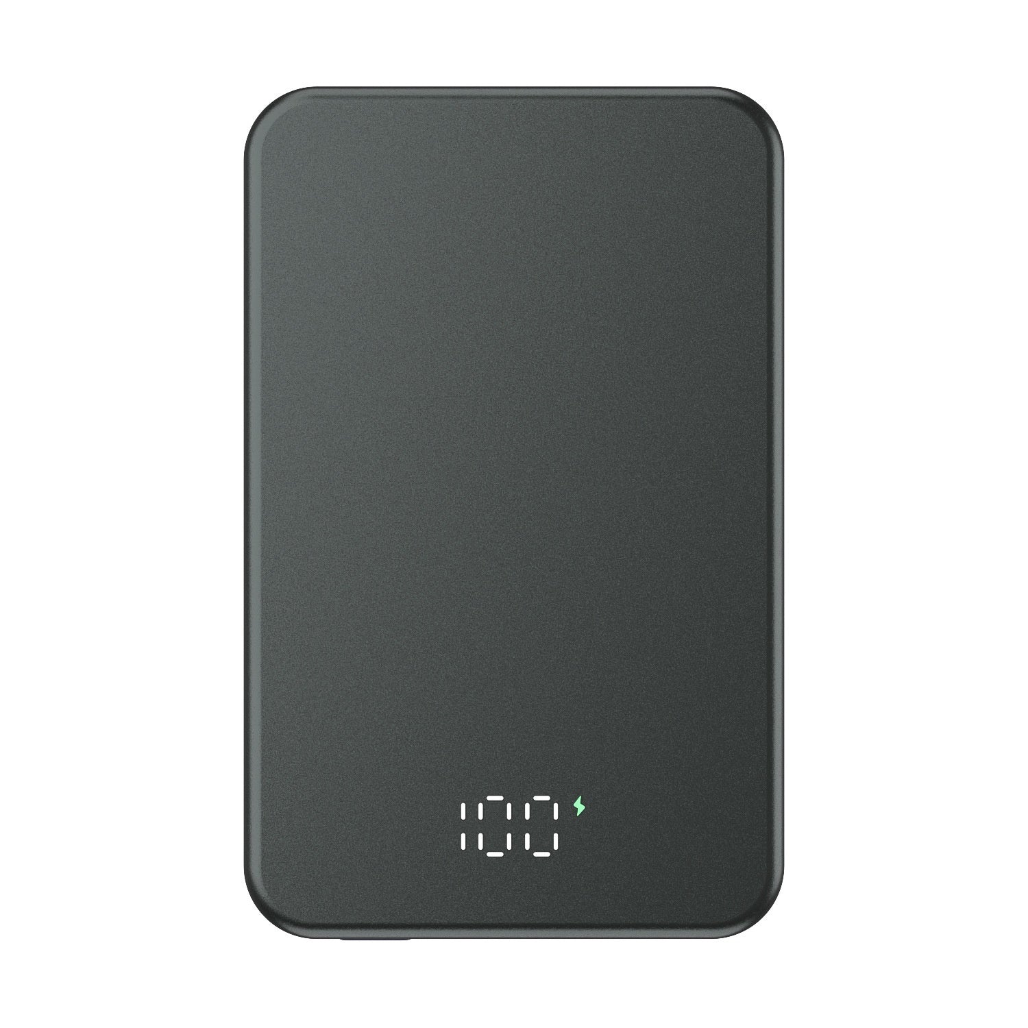 Black power bank with digital display on a white background