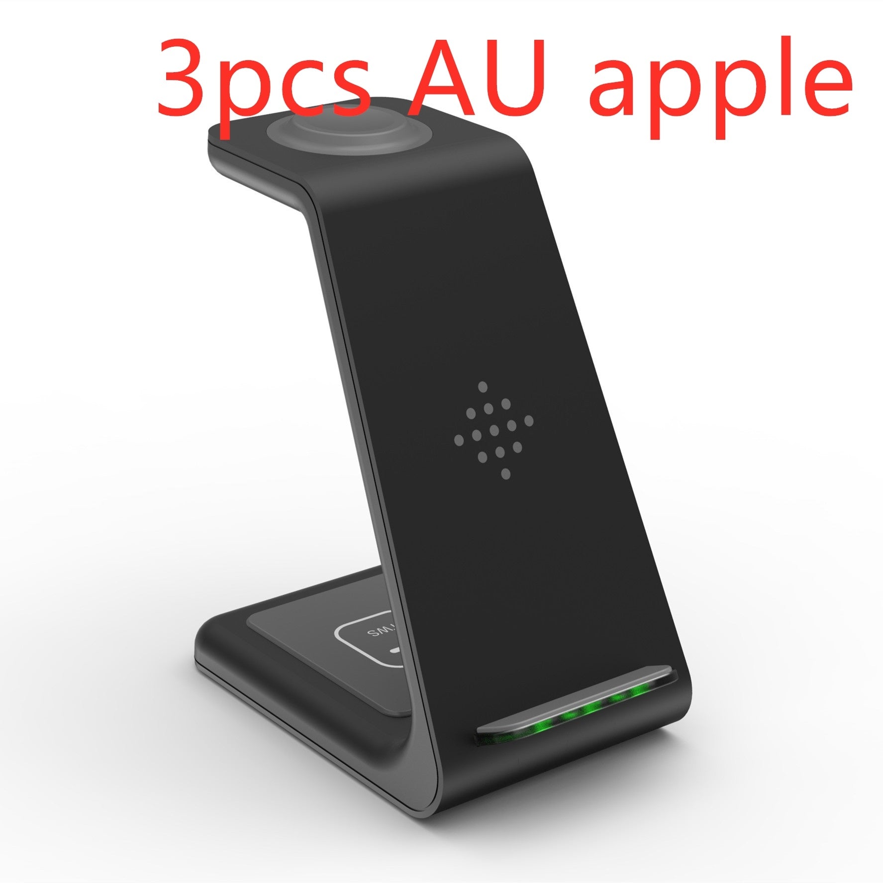 Black wireless charging stand on a white background with '3pcs AU apple' text.