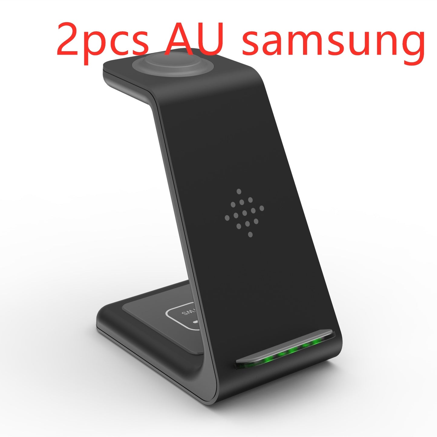 Black wireless charging stand with '2pcs AU Samsung' text on a white background