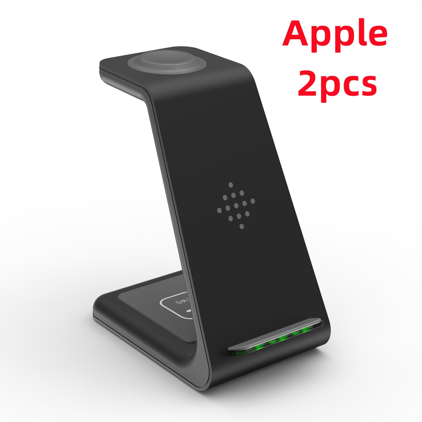 Black wireless charging stand with 'Apple 2pcs' text on a white background