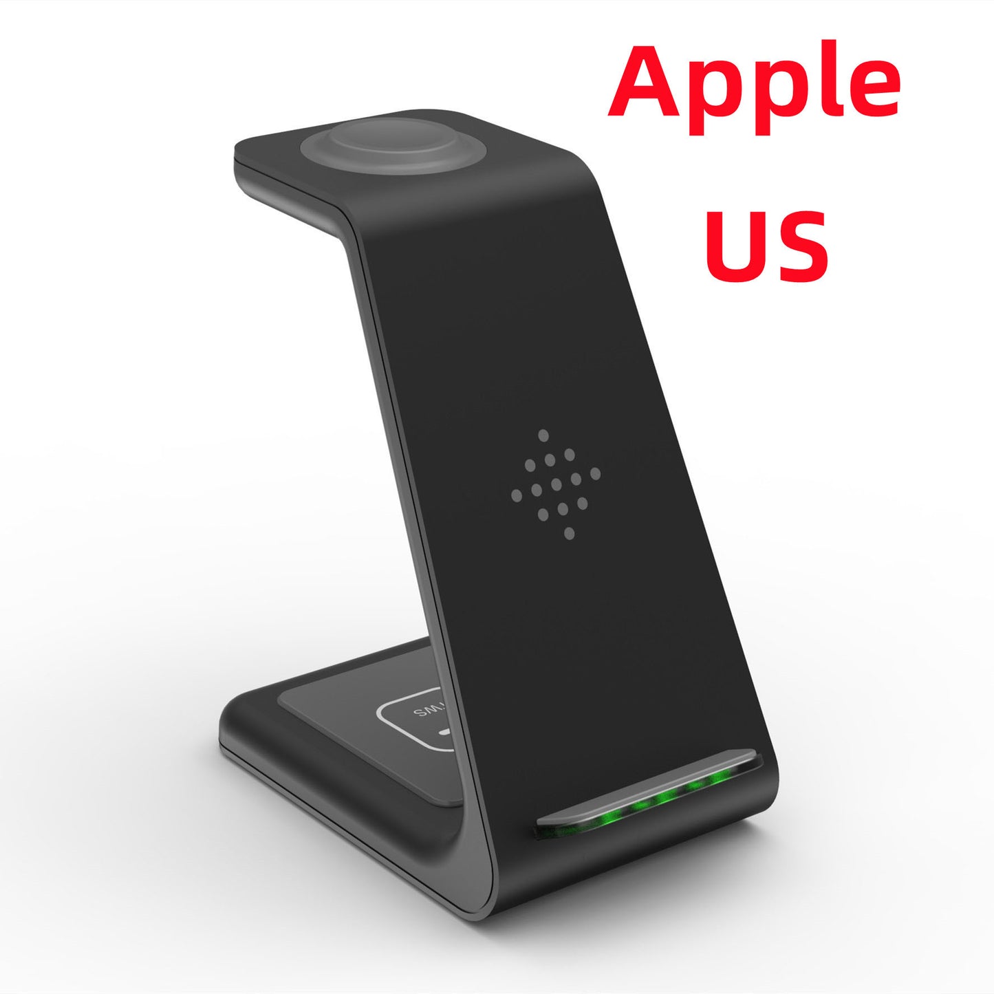 Black wireless charging stand with 'Apple US' text on a white background