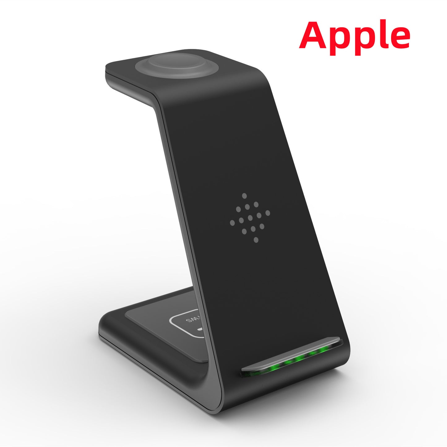 Black wireless charging stand with Apple logo on a white background