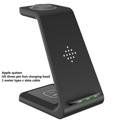 Black wireless charging stand with Apple system compatibility text