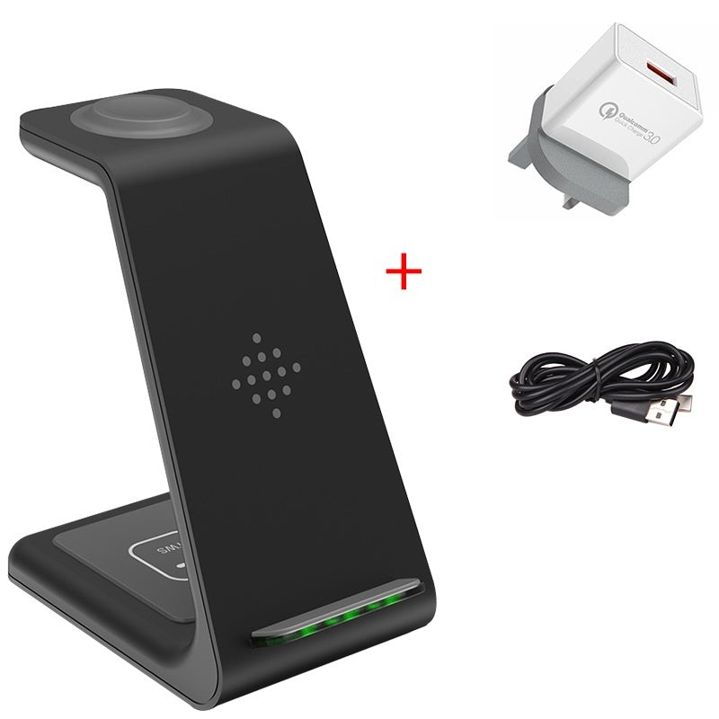 Black wireless charging stand with adapter, plug, and cable on a white background