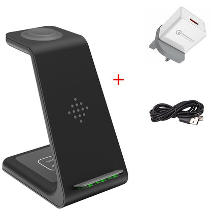 Black wireless charging stand with adapter, plug, and cable on a white background