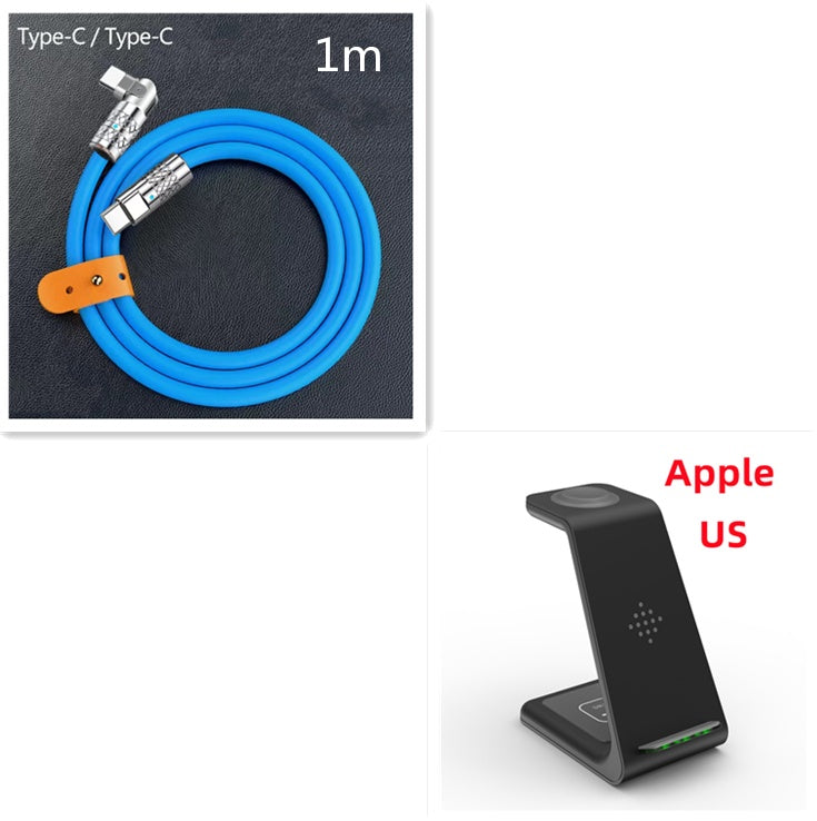 Blue cable labeled 'Type-C / Type-C' and '1m' on a dark background, with a black stand labeled 'Apple US' on a white background.