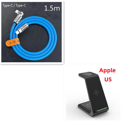 Blue cable with 'Type-C / Type-C' and '1.5m' text on a black background, next to a black stand with 'Apple US' text.