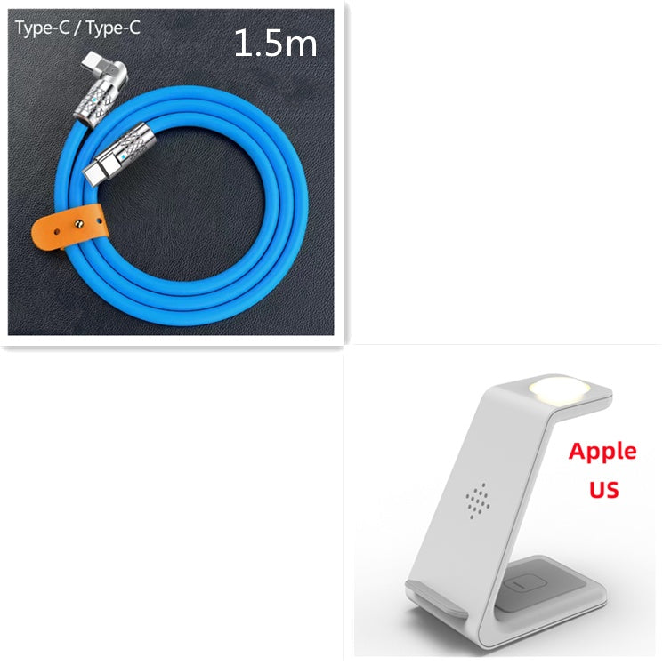 Blue cable with connectors and a white stand with 'Apple US' branding on a white background