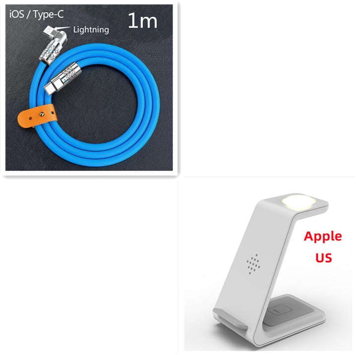 Blue cable with 'iOS/Type-C' and 'Lightning' labels, and a white stand with 'Apple US' text.
