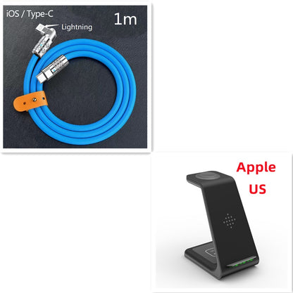 Blue cable with 'iOS/Type-C' label and '1m' length, next to a black phone stand with 'Apple US' text.
