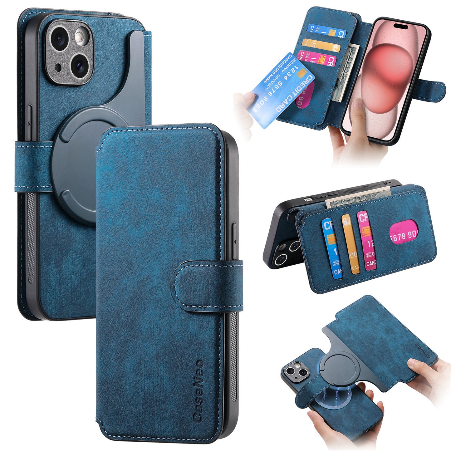 Blue phone case with card slots and phone holder on a white background