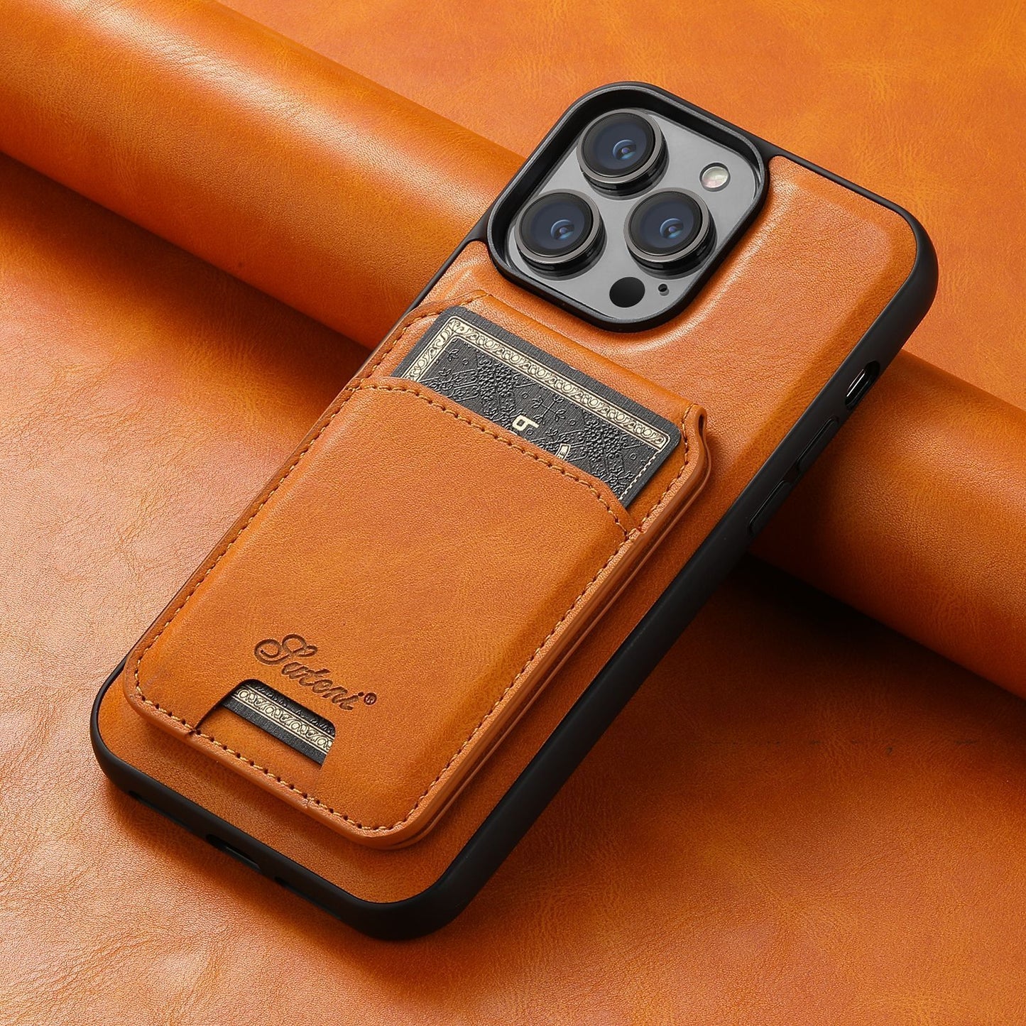 Brown phone case with card holder on a brown leather background