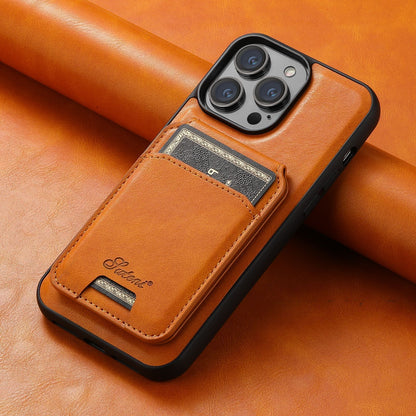 Brown phone case with card holder on a brown leather background